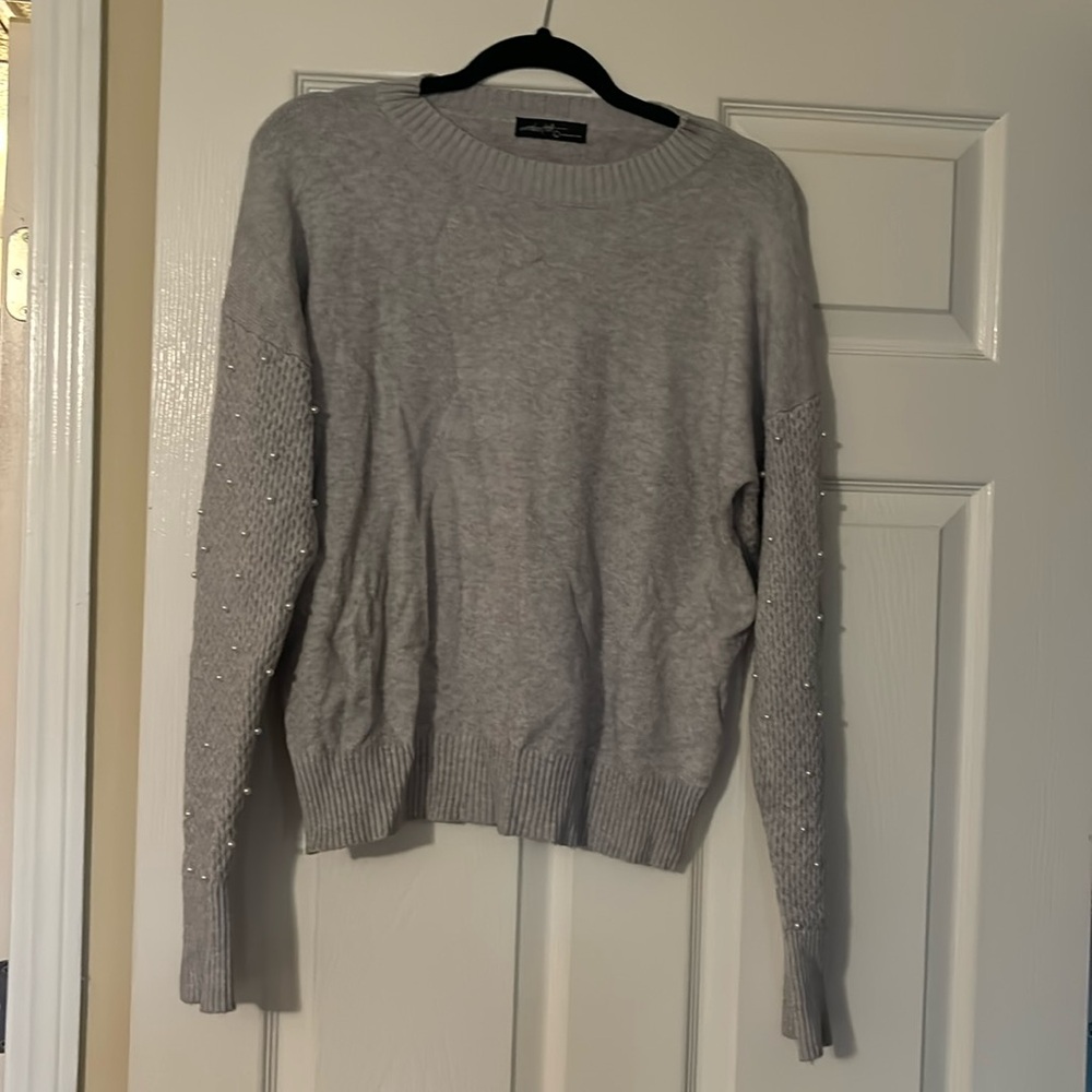 NWOT tags on twelfth grey sweater with Pearl embellished sleeves